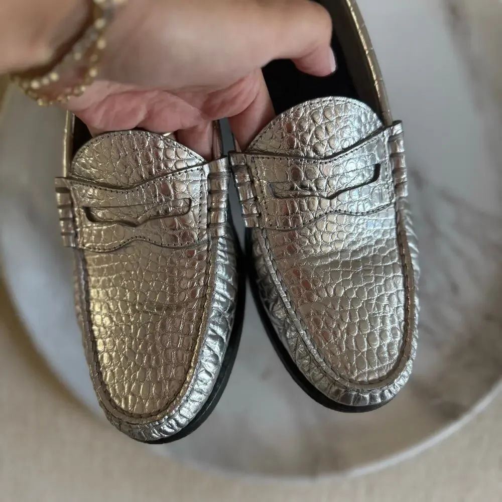 Celine X Hedi Slimane Luco Croc Embossed Leather Loafers Moccasin Silver